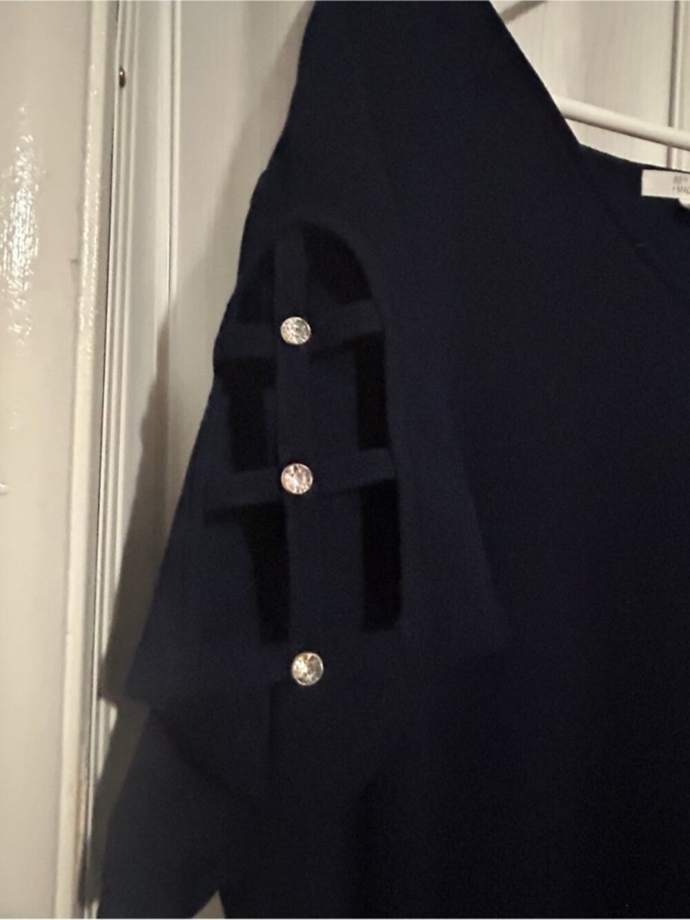 Navy cold -Shoulder Sleeve shirt with Decorative Buttons